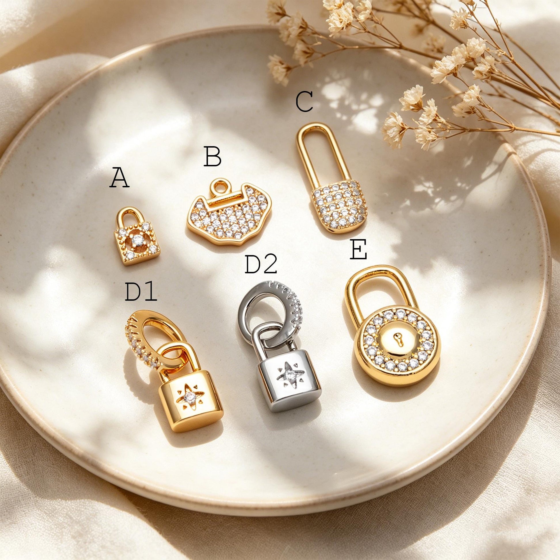 4pcs CZ Pave Gold/ Silver Tone Lock Charms, Real Gold/ Rhodium plated Brass, Mini Lock Pendants (GB-751)