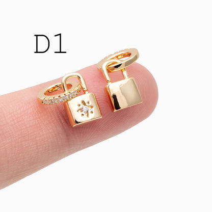 4pcs CZ Pave Gold/ Silver Tone Lock Charms, Real Gold/ Rhodium plated Brass, Mini Lock Pendants (GB-751)