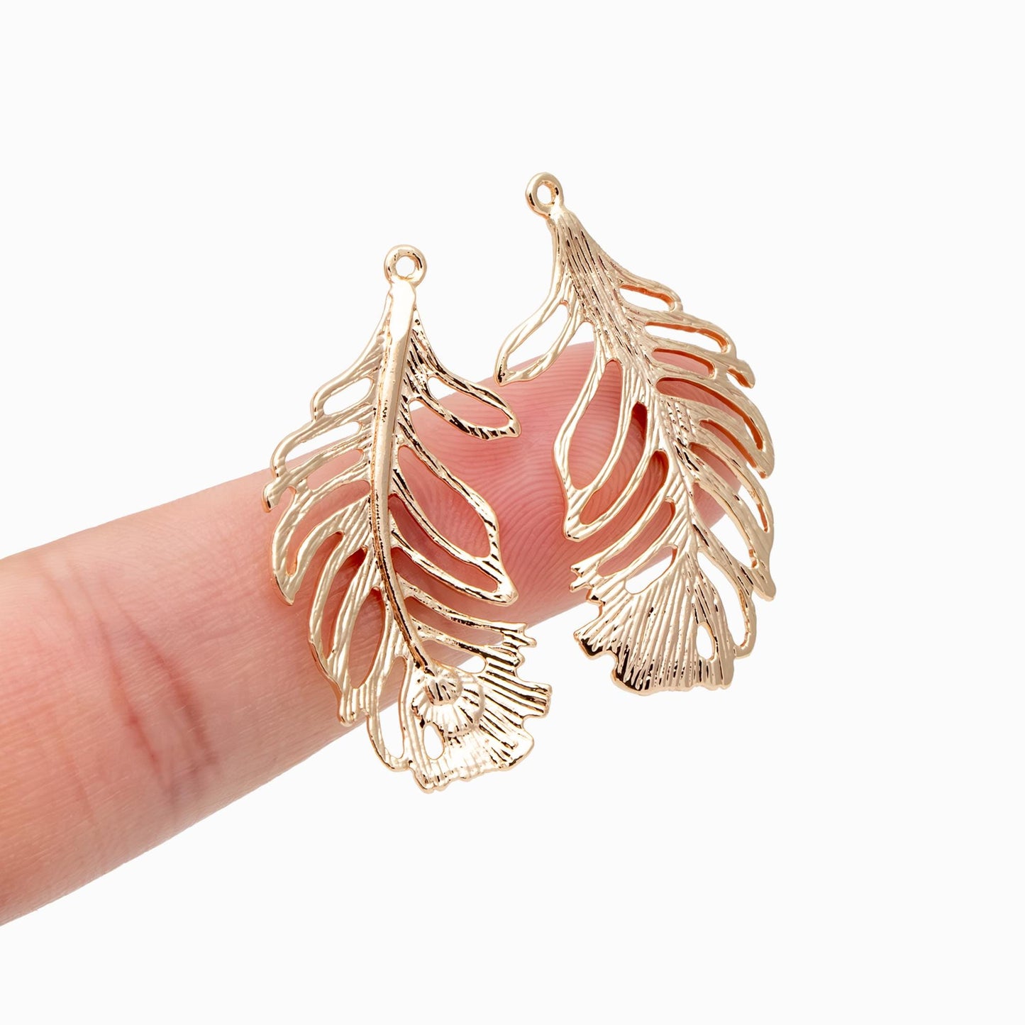 4pcs Gold Feather Pendants 34x17mm, 18K Gold plated Brass Filigree Feather Charms, Lead Nickel Free (GB-858-B)
