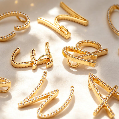CZ Pave Gold Alphabet Pendants, 18K Gold plated Brass, Personalized Initial Charms, English Letter in Cursive, You Choose Letter (GB-1140)
