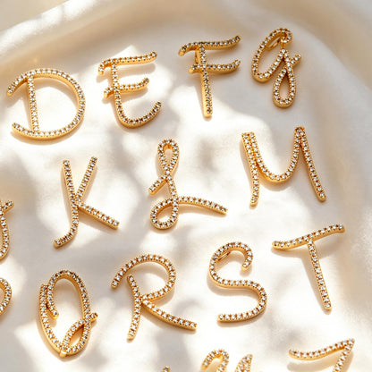 CZ Pave Gold Alphabet Pendants, 18K Gold plated Brass, Personalized Initial Charms, English Letter in Cursive, You Choose Letter (GB-1140)