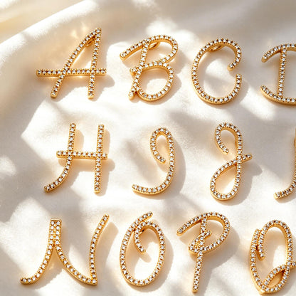 CZ Pave Gold Alphabet Pendants, 18K Gold plated Brass, Personalized Initial Charms, English Letter in Cursive, You Choose Letter (GB-1140)