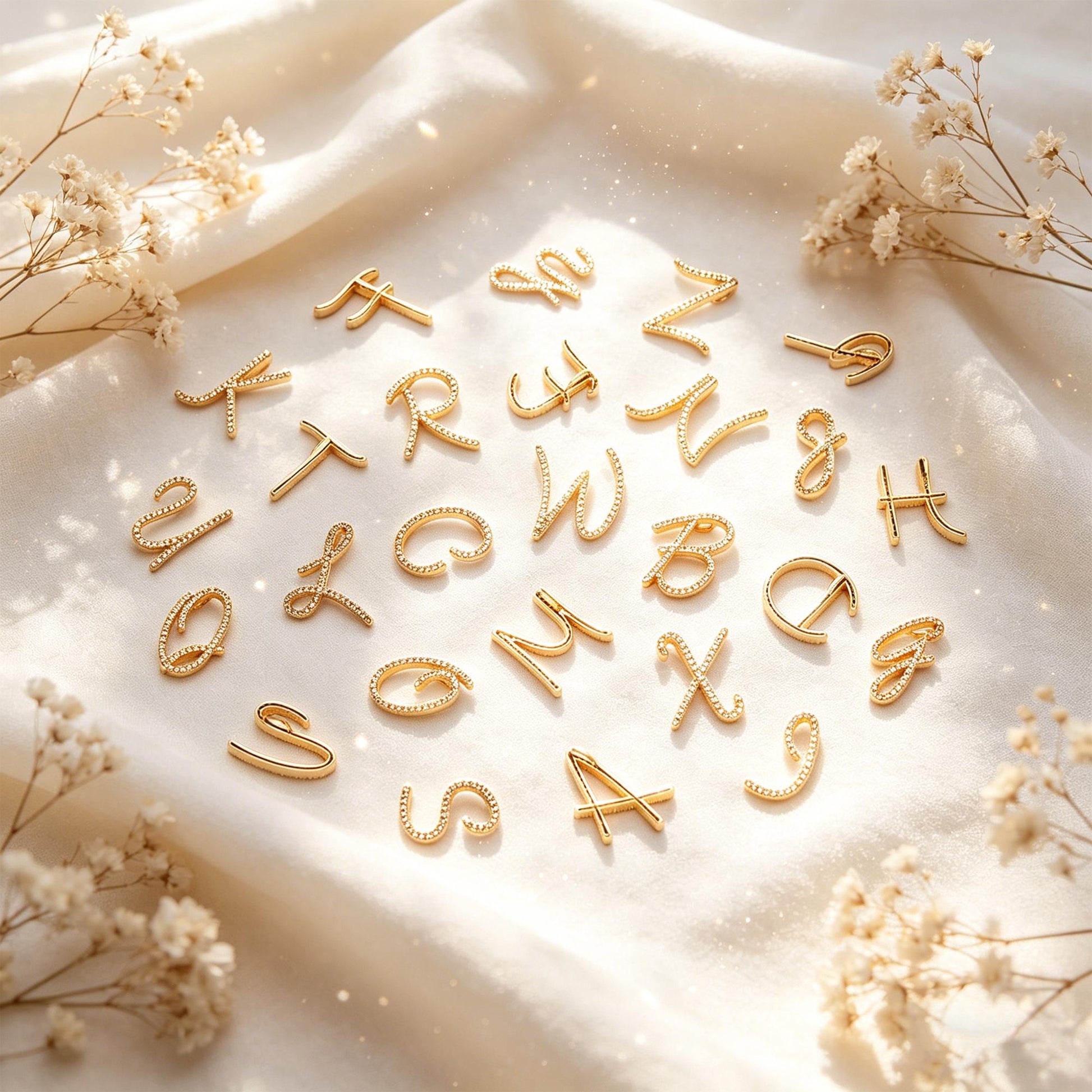 CZ Pave Gold Alphabet Pendants, 18K Gold plated Brass, Personalized Initial Charms, English Letter in Cursive, You Choose Letter (GB-1140)