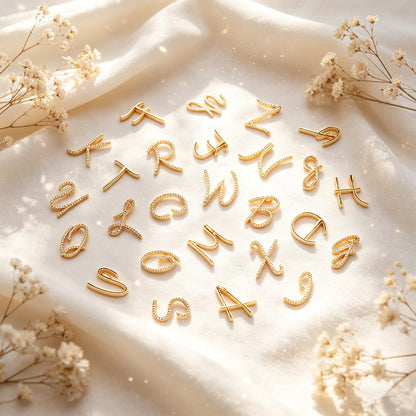 CZ Pave Gold Alphabet Pendants, 18K Gold plated Brass, Personalized Initial Charms, English Letter in Cursive, You Choose Letter (GB-1140)