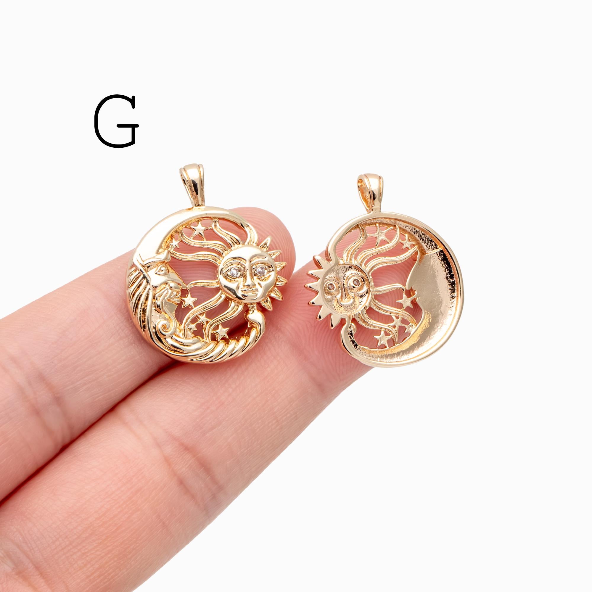 4pcs Gold Sun Moon Star Charms, 18K Gold plated Brass, CZ Pave Celetial Pendants (GB-2991)