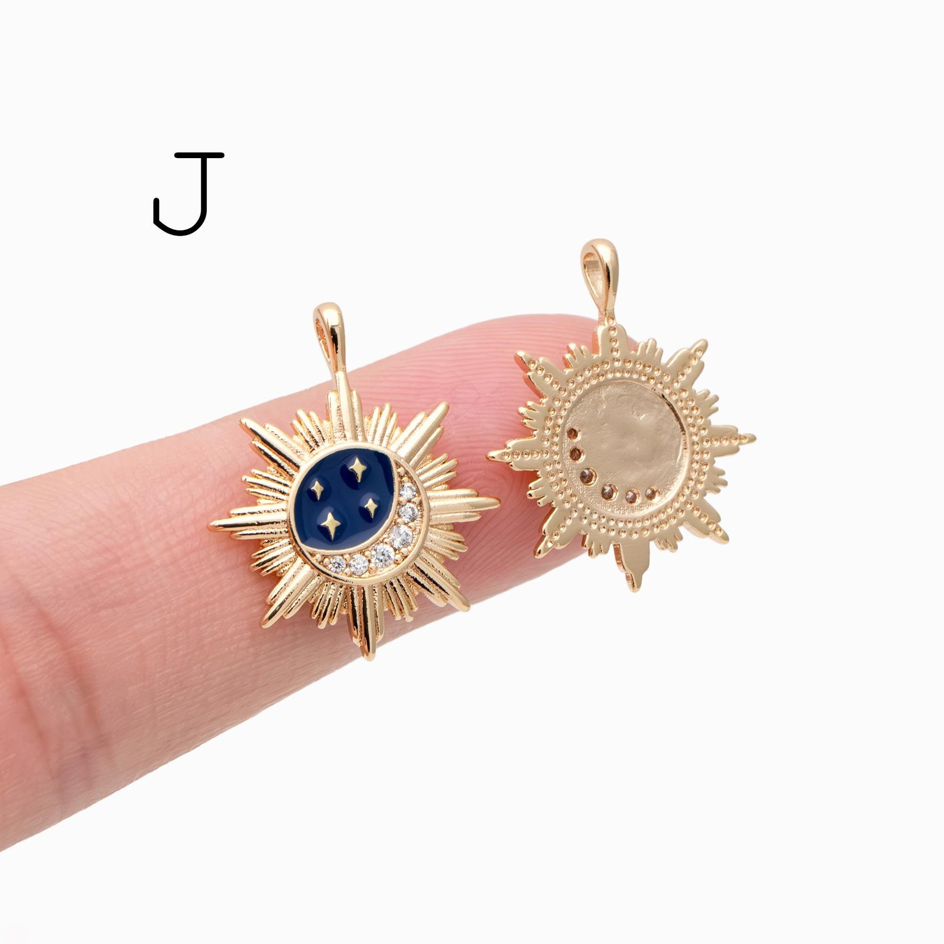 4pcs Gold Sun Moon Star Charms, 18K Gold plated Brass, CZ Pave Celetial Pendants (GB-2991)