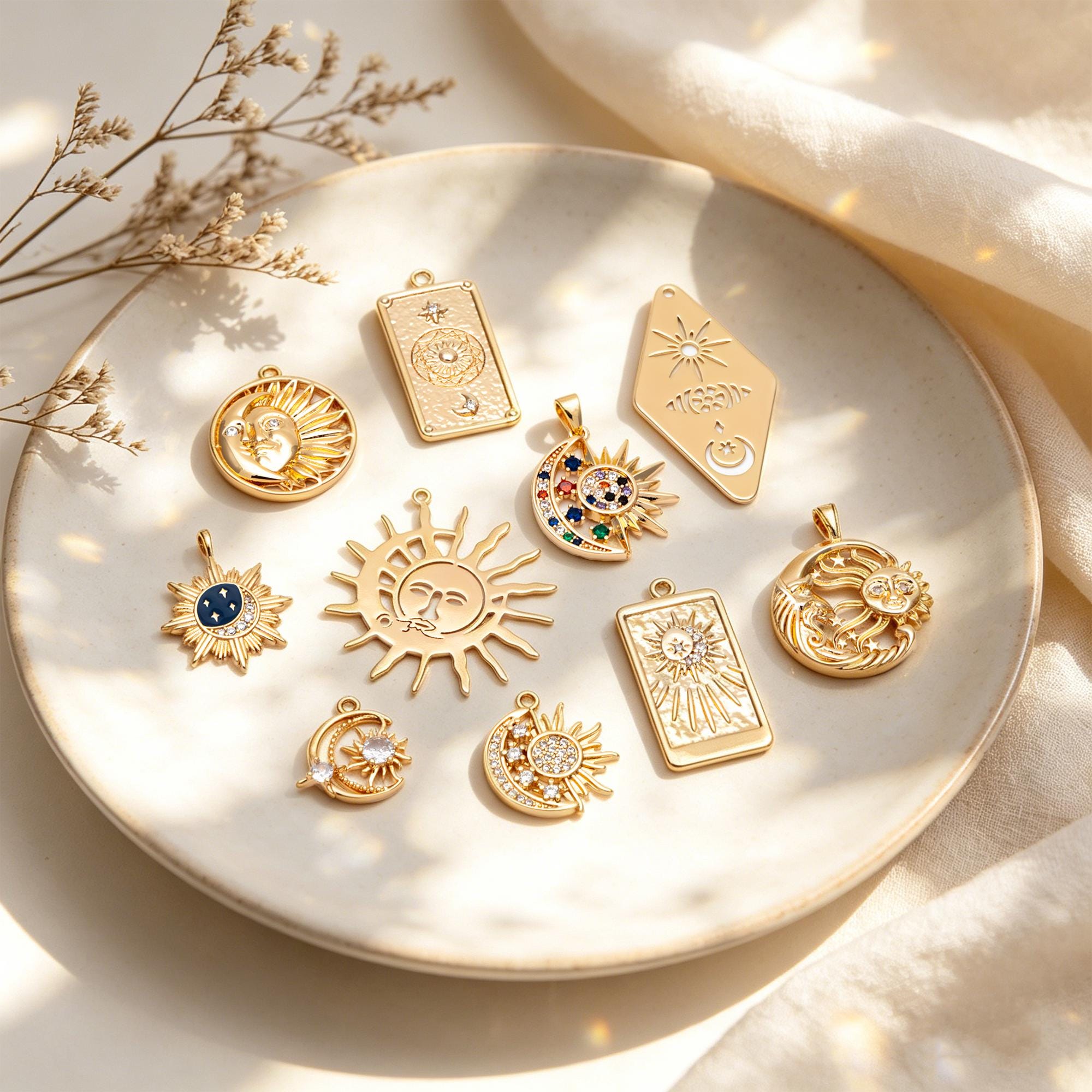 4pcs Gold Sun Moon Star Charms, 18K Gold plated Brass, CZ Pave Celetial Pendants (GB-2991)