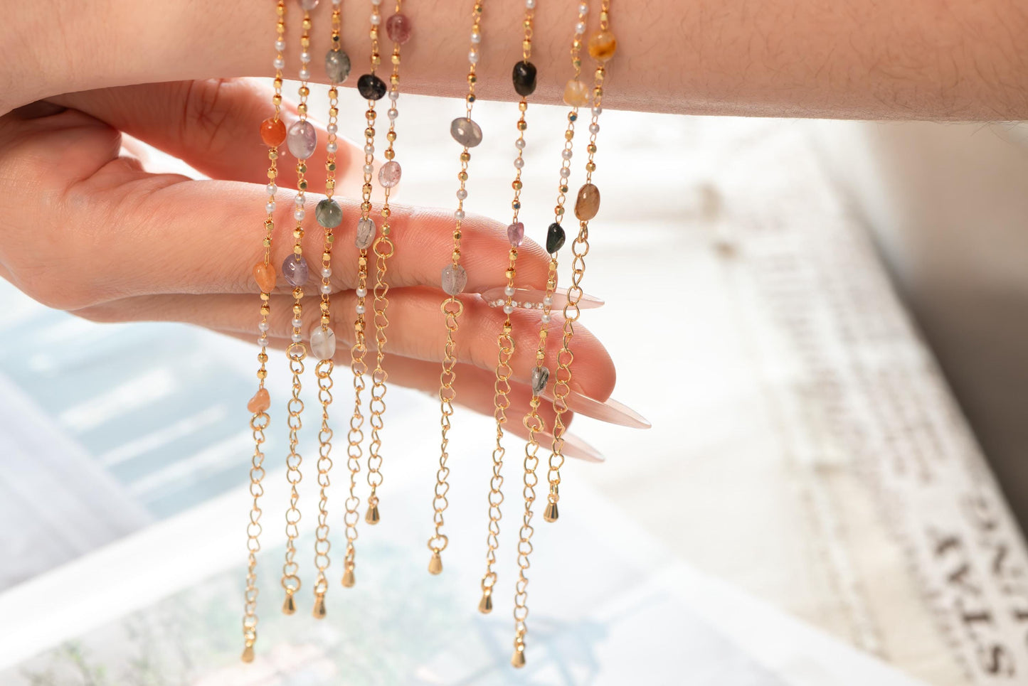 Natural Gemstone faux Pearl Chain Bracelet Necklace Anklet, Gold Beaded Jewelry, Minimalist Layering Chain, Jewelry Supplies (#LK-625)