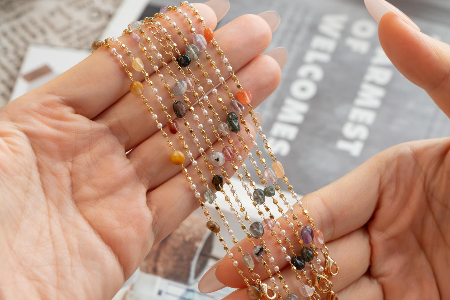 Natural Gemstone faux Pearl Chain Bracelet Necklace Anklet, Gold Beaded Jewelry, Minimalist Layering Chain, Jewelry Supplies (#LK-625)