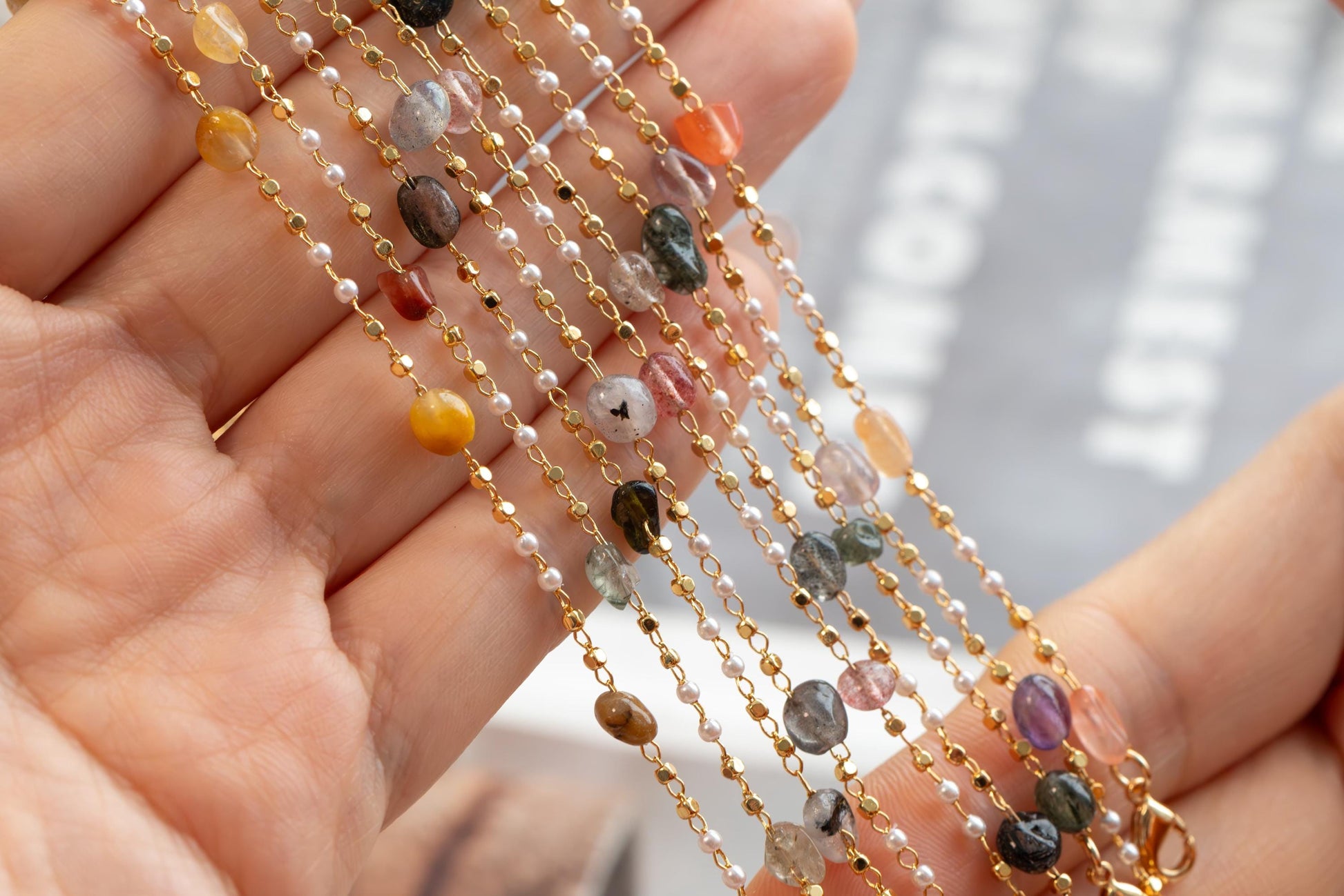 Natural Gemstone faux Pearl Chain Bracelet Necklace Anklet, Gold Beaded Jewelry, Minimalist Layering Chain, Jewelry Supplies (#LK-625)