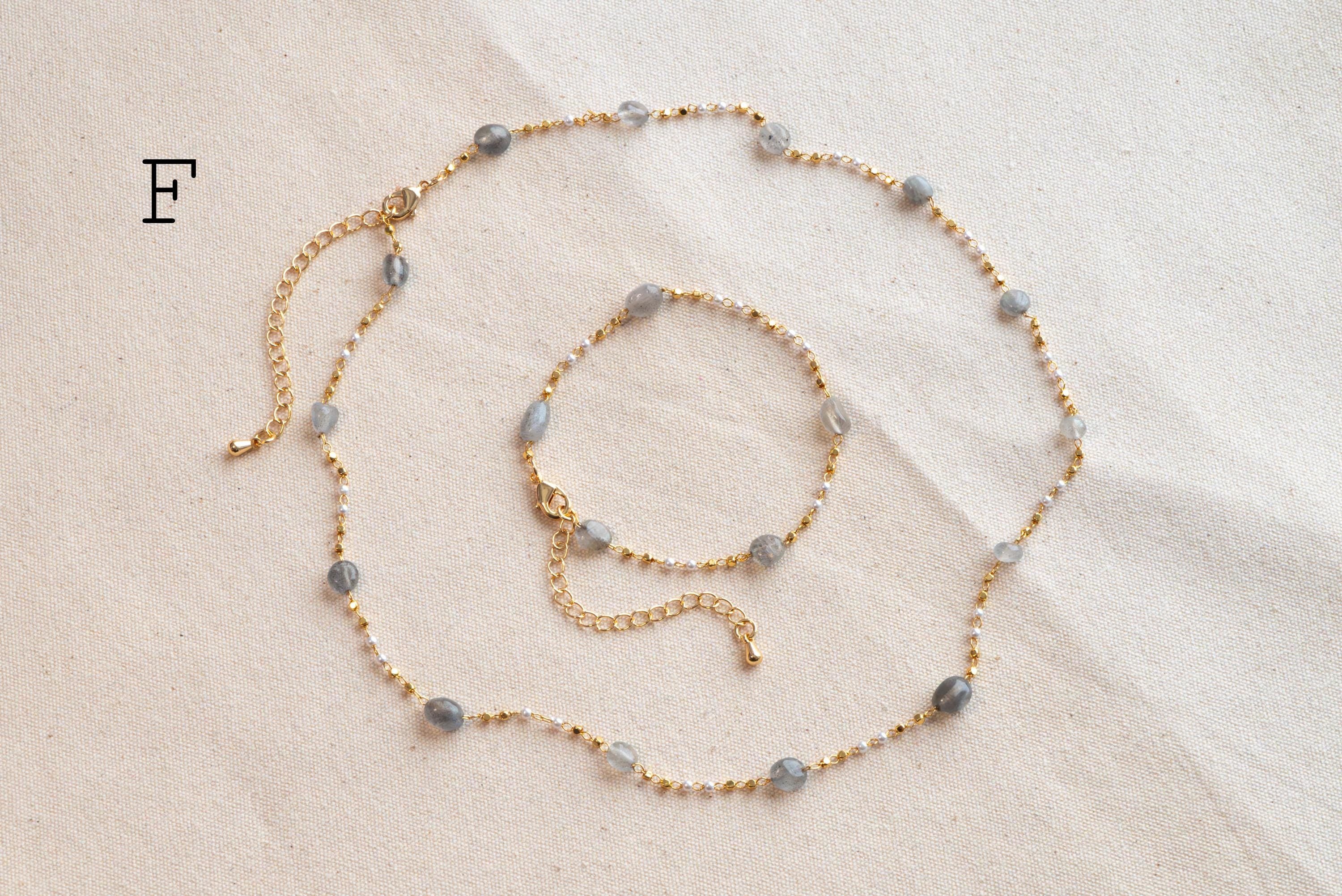 Natural Gemstone faux Pearl Chain Bracelet Necklace Anklet, Gold Beaded Jewelry, Minimalist Layering Chain, Jewelry Supplies (#LK-625)