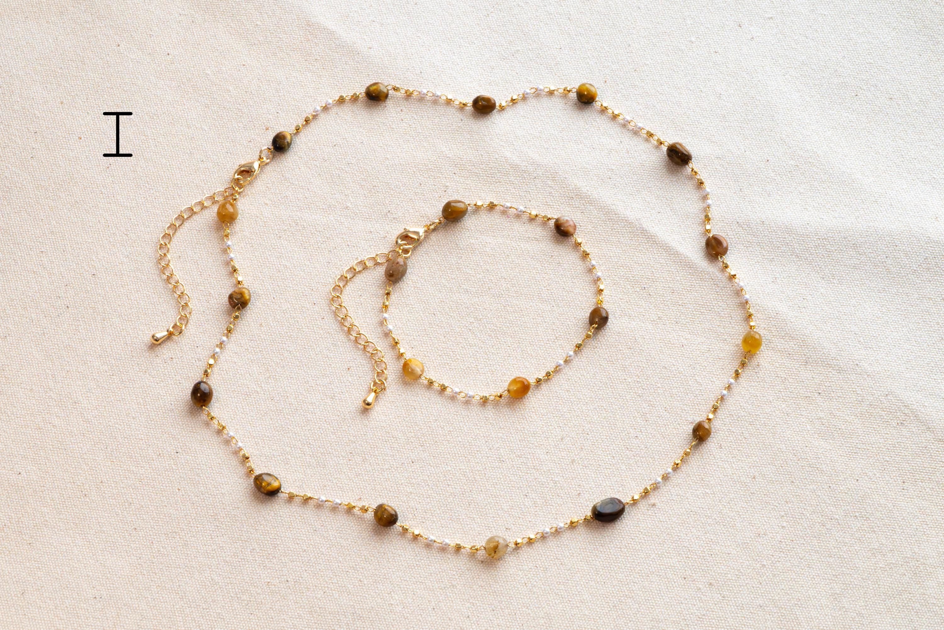 Natural Gemstone faux Pearl Chain Bracelet Necklace Anklet, Gold Beaded Jewelry, Minimalist Layering Chain, Jewelry Supplies (#LK-625)