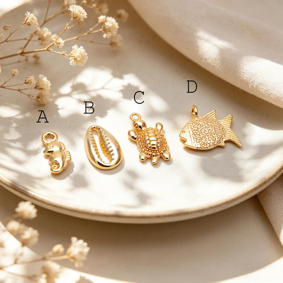 10pcs Gold Ocean Charms, 18K Gold plated Brass Beach Charms, DIY Supplies Wholesale (GB-3936)