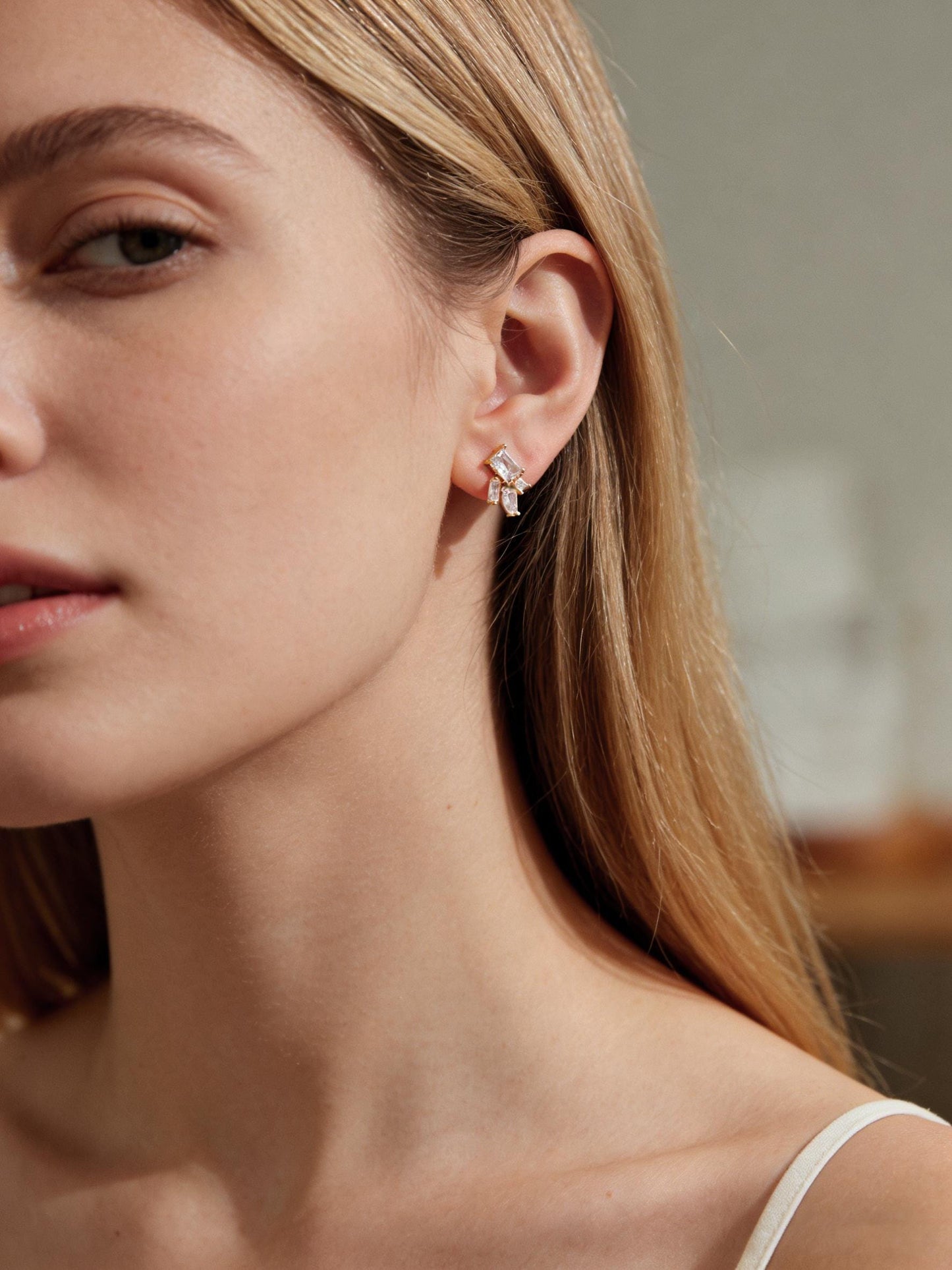 4pcs CZ Pave Dainty Geometric Stud Earrings, 18K Gold Plated Brass, Cubic Zirconia Earrings (GB-3633)