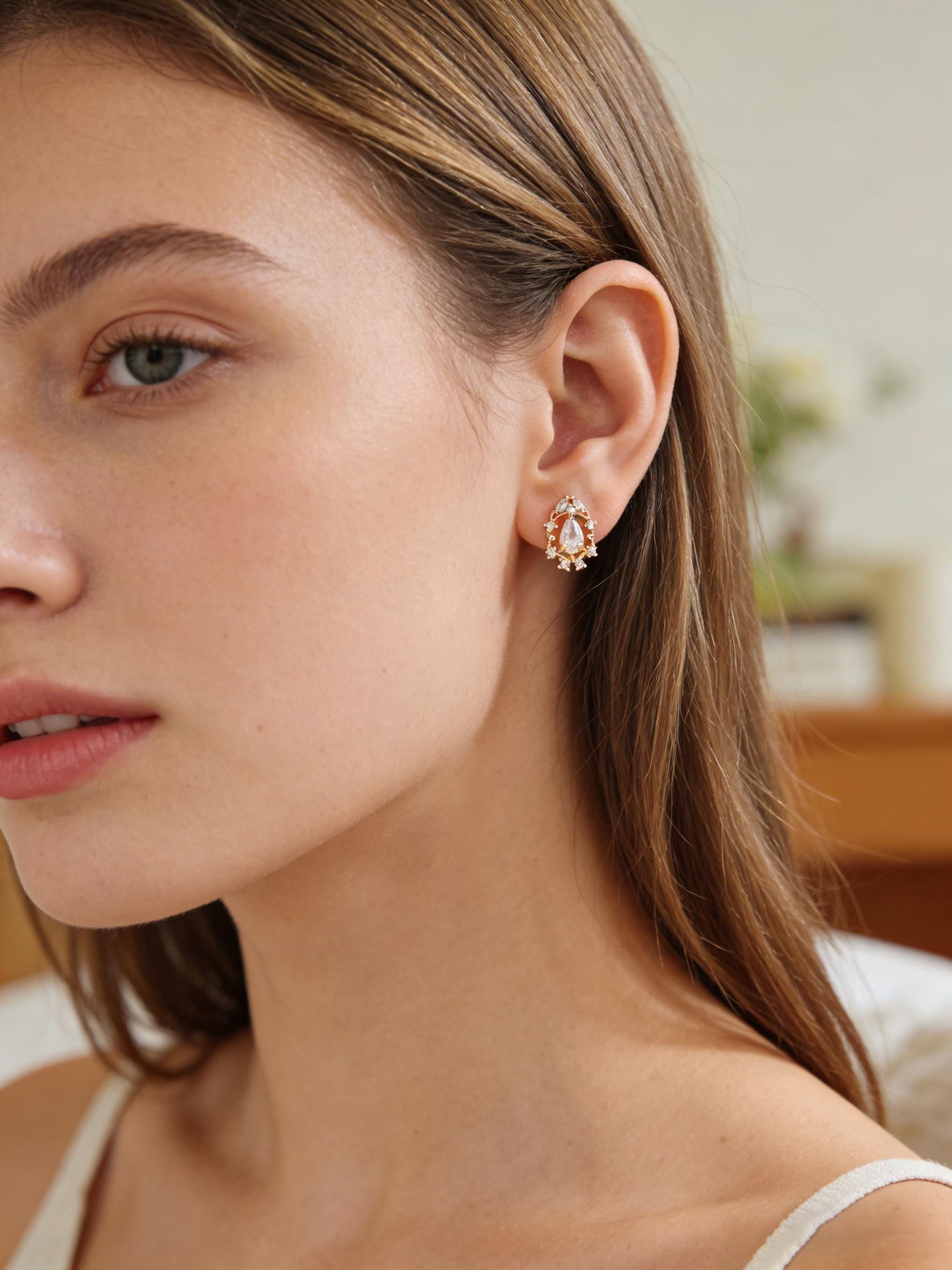 4pcs CZ Pave Dainty Geometric Stud Earrings, 18K Gold Plated Brass, Cubic Zirconia Earrings (GB-3633)