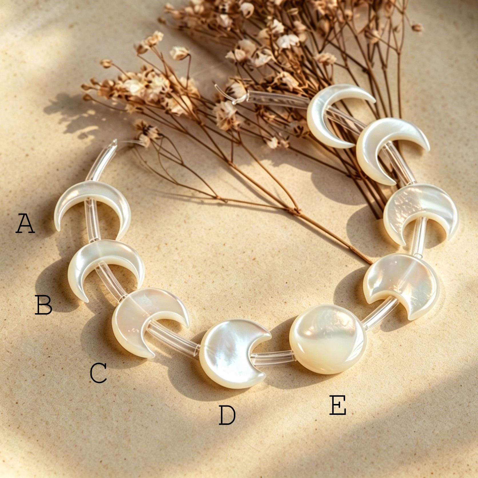 Moon Phase Mother of Pearl Beads, Crescent Shell Charms, White Shell Jewelry Supplies, Celestial Jewelry Beads (BK-035)