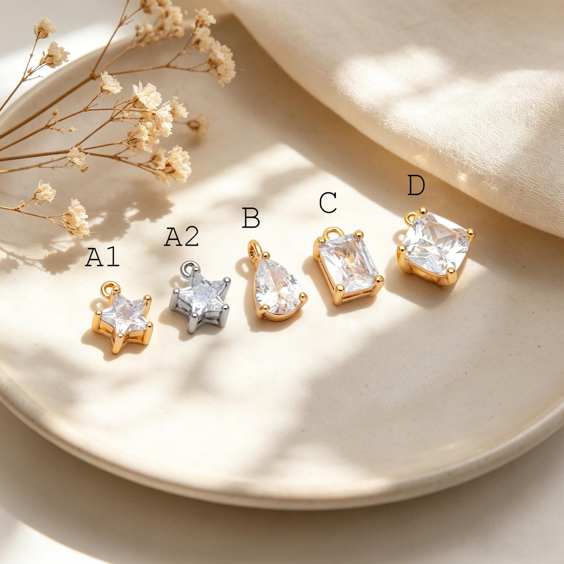 10pcs CZ pave Gold/ Silver Tone Star/ Teardrop/ Rectangle/ Rhombus Charms, Gold Plated Brass Geometric Pendants (GB-1151)