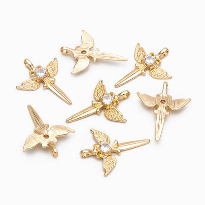 4pcs CZ pave Gold Wing Sword Pendant, Necklace Charm, Jewelry Making, Diy Material, Jewelry Supplies (GB-1810-E)