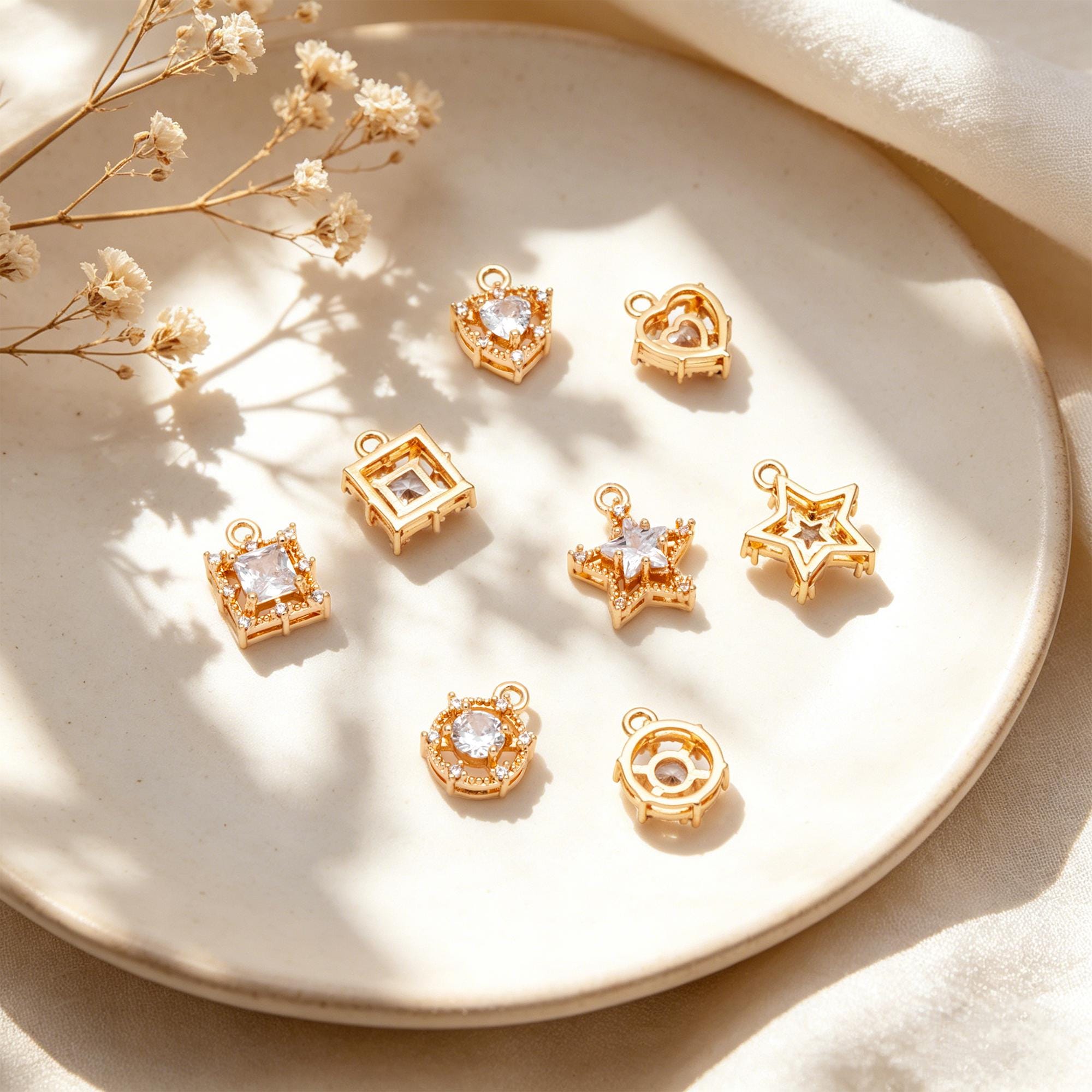 4pcs CZ Pave Round/ Square/ Heart/ Star Charms, Jewelry Making, Diy Material, Jewelry Supplies (GB-3116)