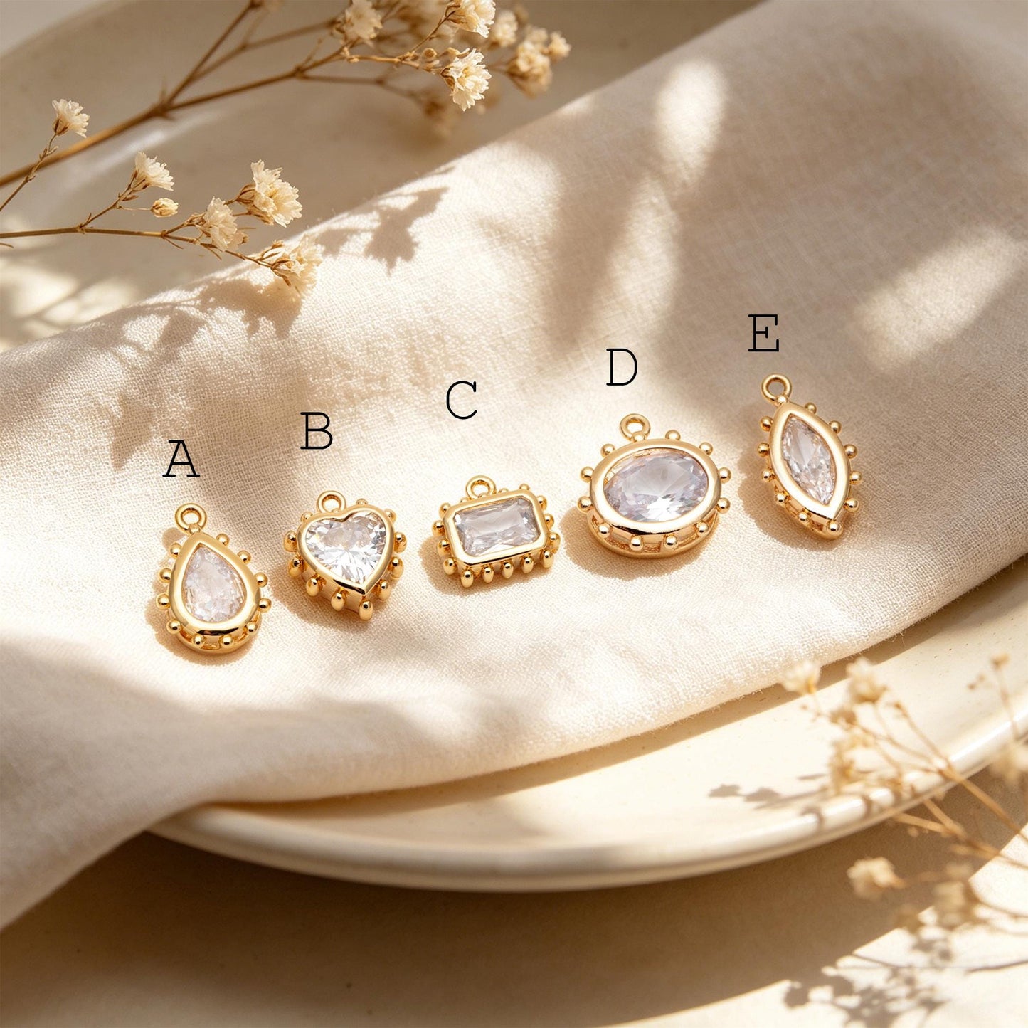 10pcs CZ Pave Teardrop/ Heart/ Rectangle/ 0val/ Marquise Charms, Gold plated Brass, Geometric Earring Charms (GB-4122)