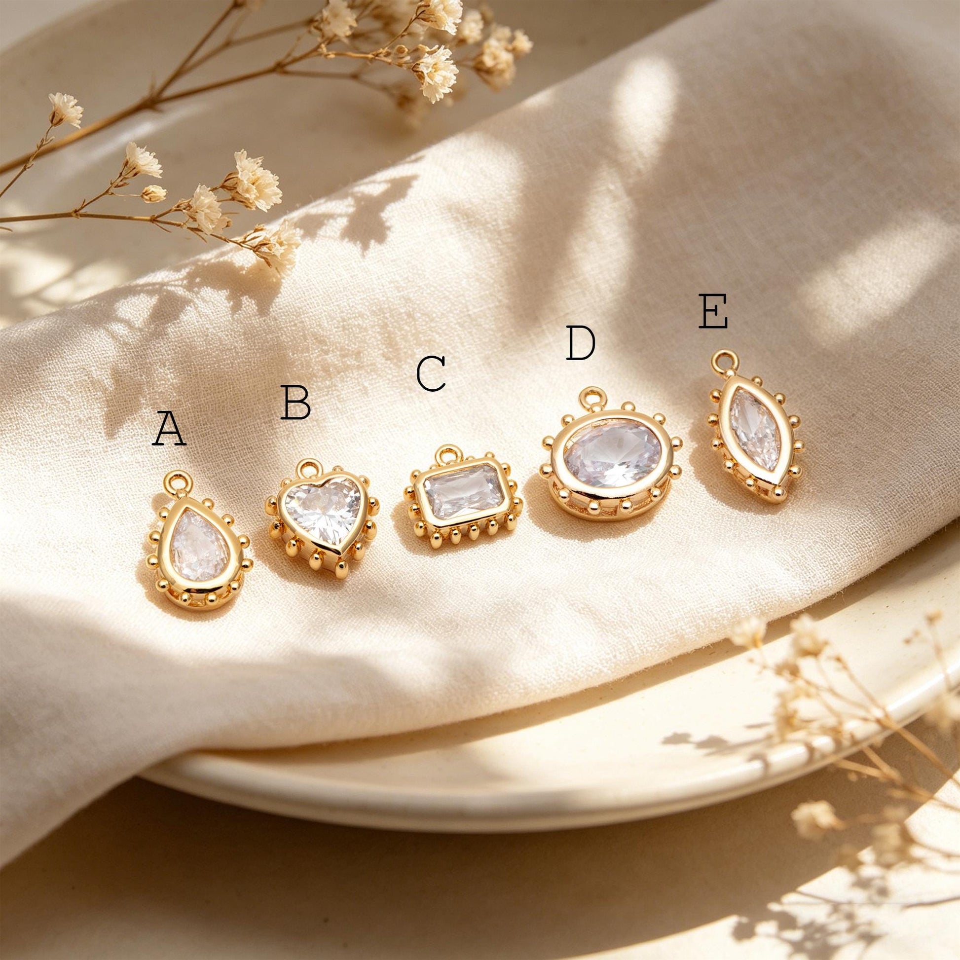 10pcs CZ Pave Teardrop/ Heart/ Rectangle/ 0val/ Marquise Charms, Gold plated Brass, Geometric Earring Charms (GB-4122)