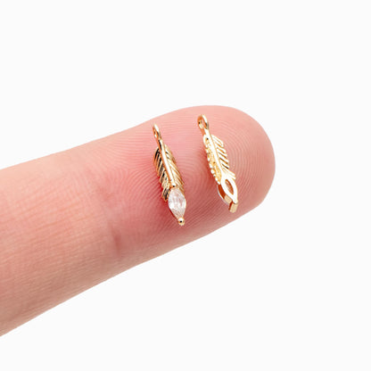 4pcs CZ pave Tiny Feather Charms, 18K Gold/ Rhodium plated Brass Leaf Pendants 12x3mm (GB-383-A)