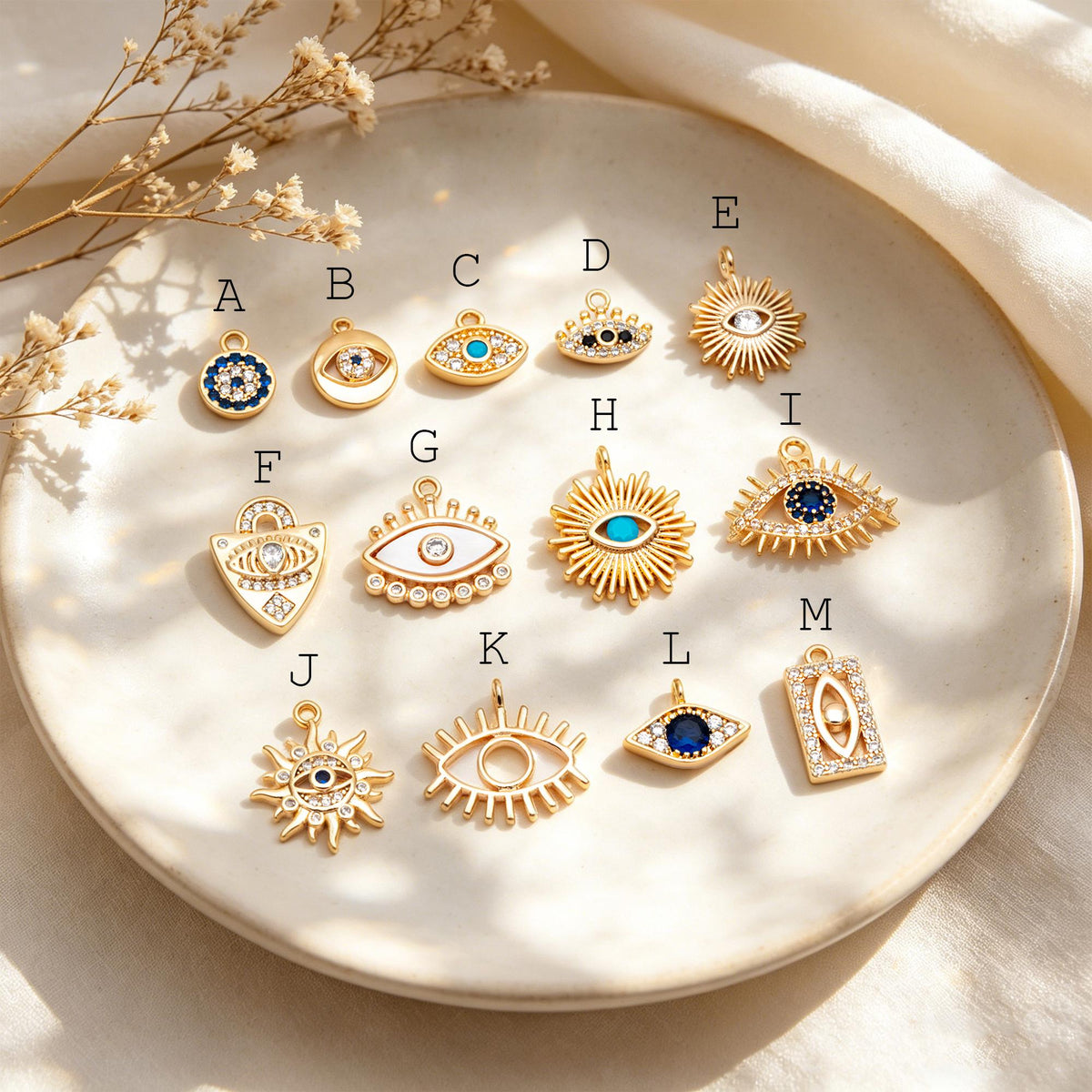 4pcs Gold plated Evil Eye Charms, CZ Pave Eye Pendants, 18K Gold plated Brass, Mystic Eye Jewelry Findings Supplies (GB-1819)