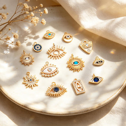 4pcs Gold plated Evil Eye Charms, CZ Pave Eye Pendants, 18K Gold plated Brass, Mystic Eye Jewelry Findings Supplies (GB-1819)