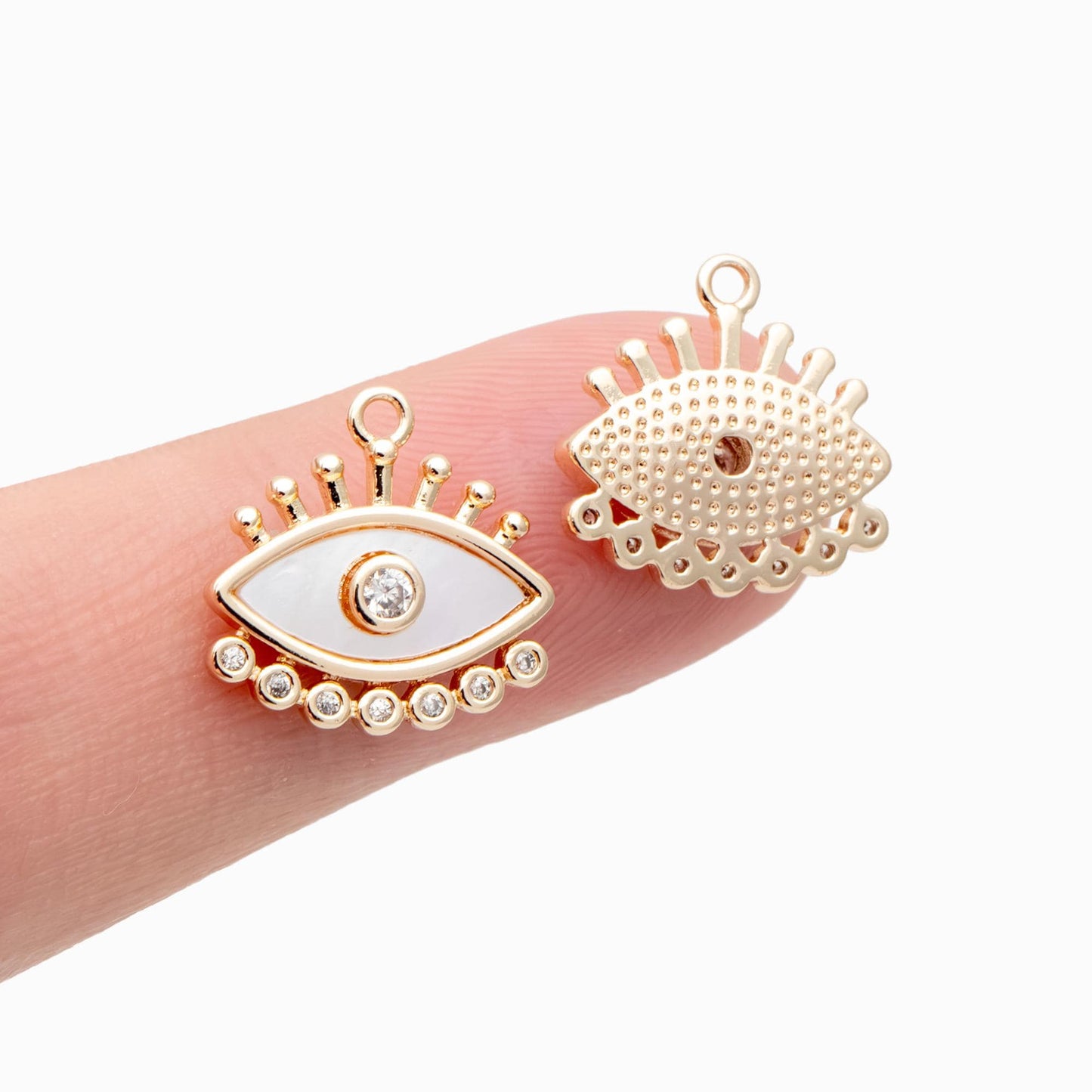 4pcs Shell Pave Evil Eye Charm, 14x14mm, 18K Gold plated Brass, CZ Eye Pendants (GB-1819-G)