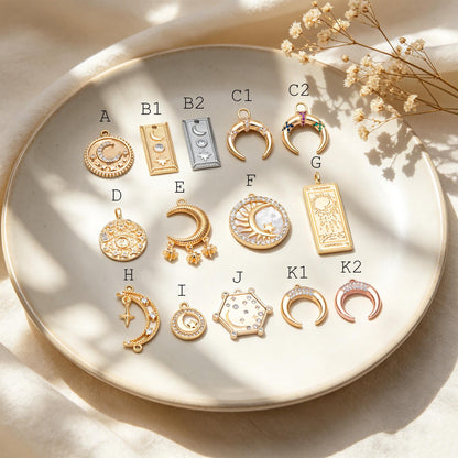 4pcs Gold/ Silver Tone Moon and Star Charm, 18K Gold/ Rhodium plated Brass, Celestial Charm Pendants (GB-2394)