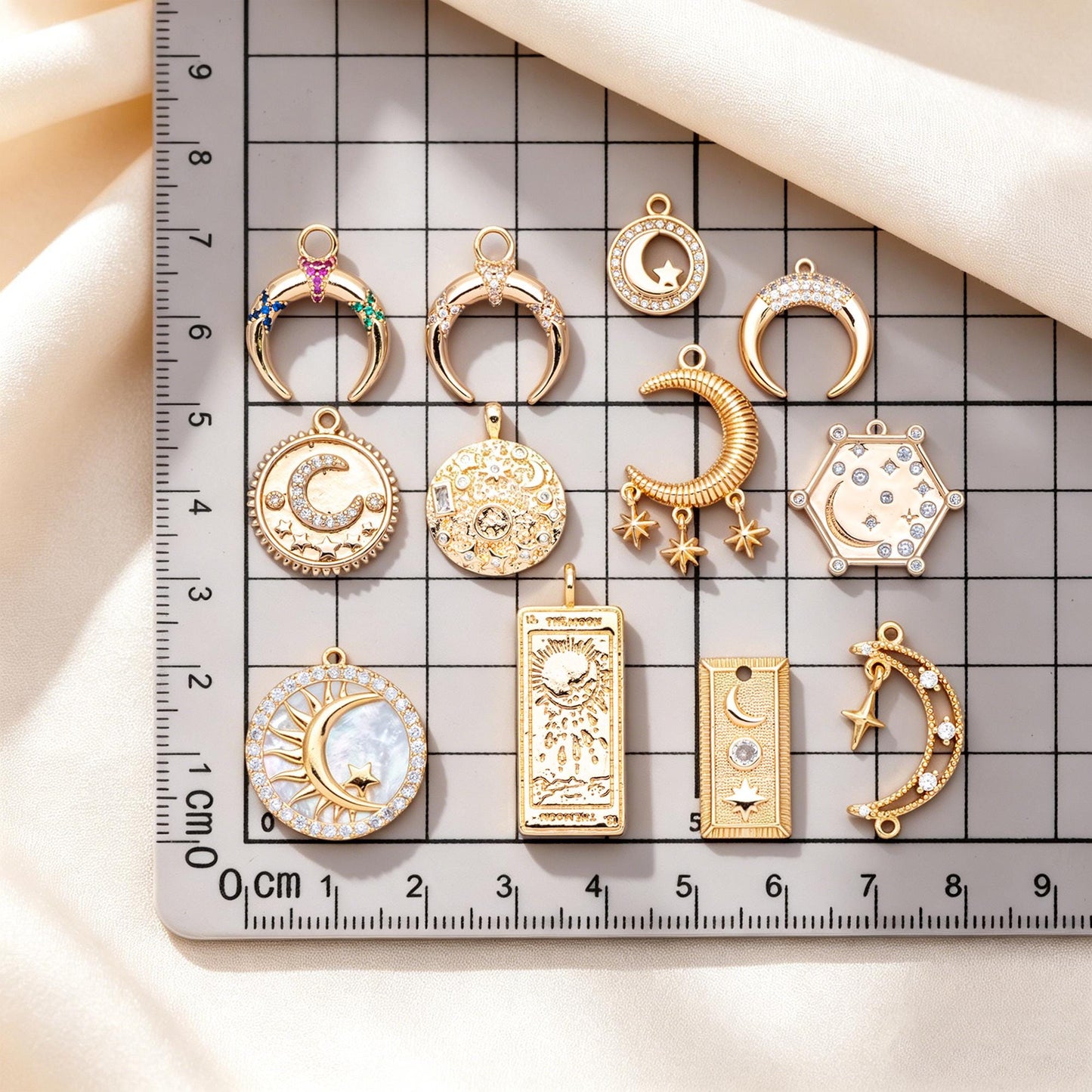 4pcs Gold/ Silver Tone Moon and Star Charm, 18K Gold/ Rhodium plated Brass, Celestial Charm Pendants (GB-2394)