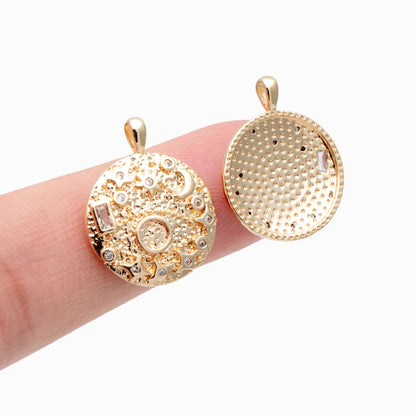 4pcs CZ Pave Gold Round Moon Star Charms, 18K Gold plated Brass, Disk Pendants (GB-2394-D)