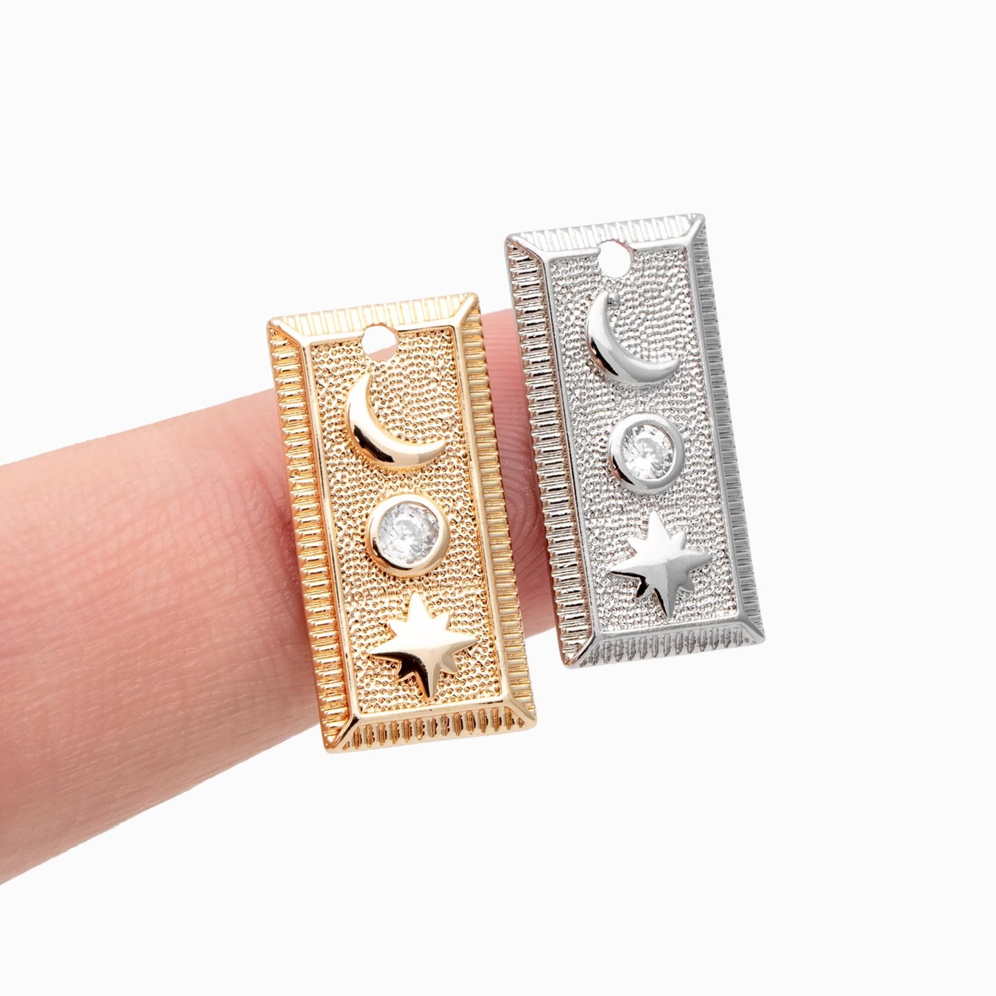 4pcs CZ Pave Gold / Silver Tone Rectangle Moon North Star Charm 18x10mm, 18K Gold plated Brass (GB-2394-B)