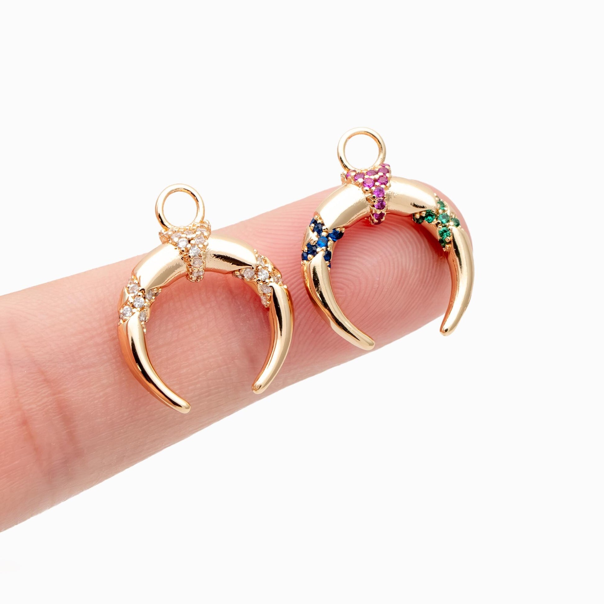 4pcs Colourful CZ pave Gold Crescent Moon Charm 16x20mm, 18K Gold plated Brass, OX Horn Pendant (GB-2394-C2)