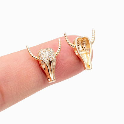 4pcs CZ Pave Gold OX Head Charm, Real Gold plated Brass, Jewelry Supply (GB-3616-C)