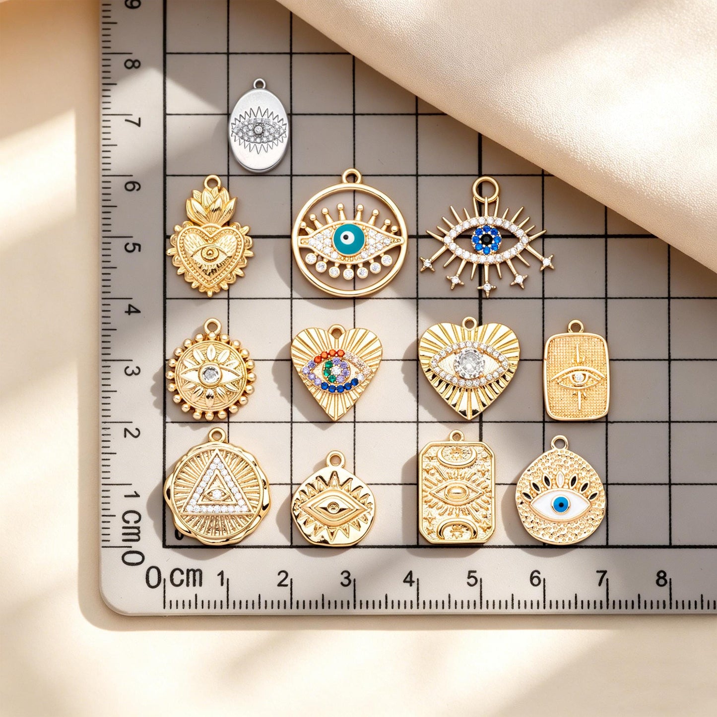 4pcs Gold/ Silver Tone Evil Eye Charms, 18K Gold/ Rhodium plated Brass, Dainty Earring Charms (GB-4085)