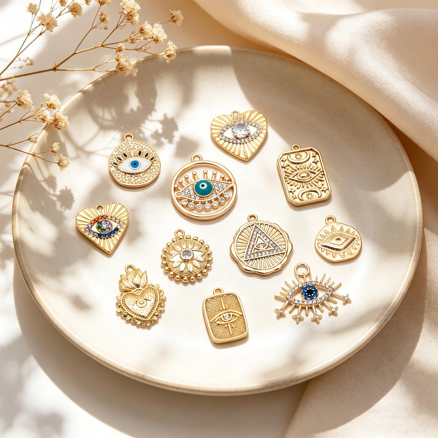 4pcs Gold/ Silver Tone Evil Eye Charms, 18K Gold/ Rhodium plated Brass, Dainty Earring Charms (GB-4085)