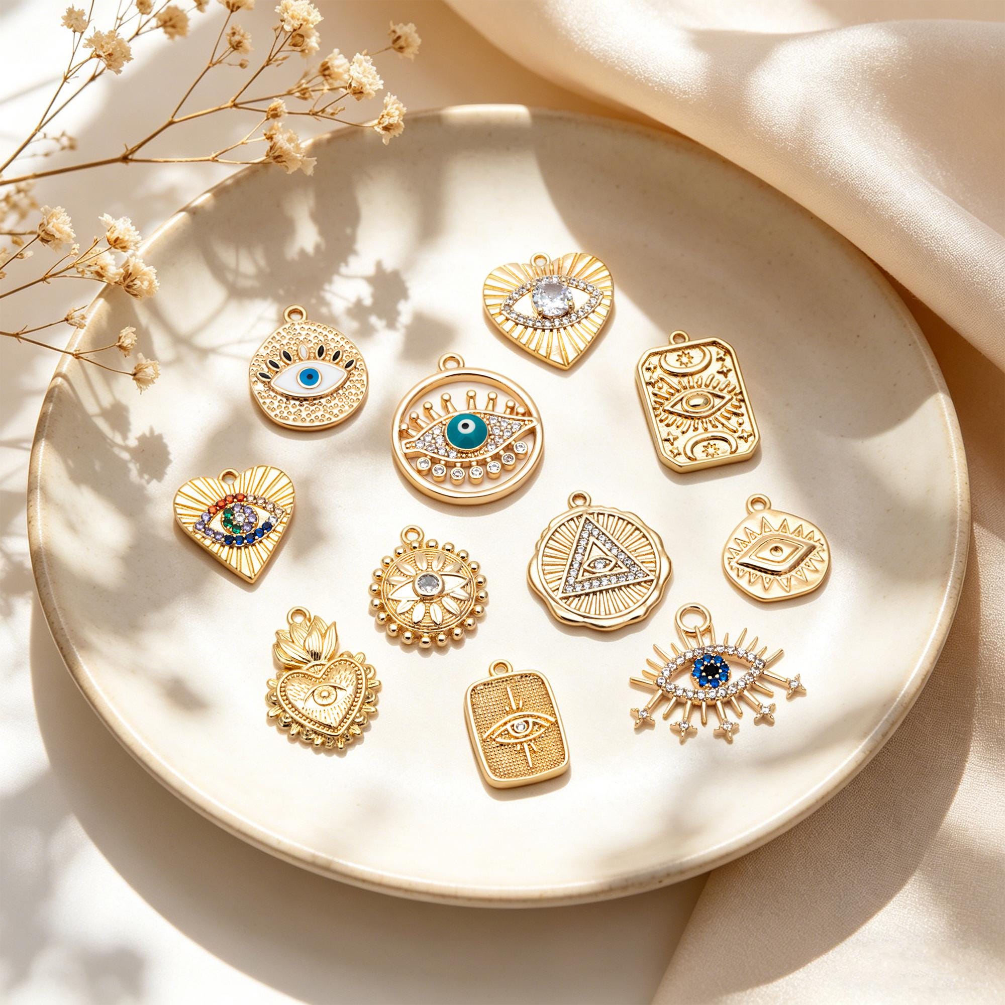 4pcs Gold/ Silver Tone Evil Eye Charms, 18K Gold/ Rhodium plated Brass, Dainty Earring Charms (GB-4085)