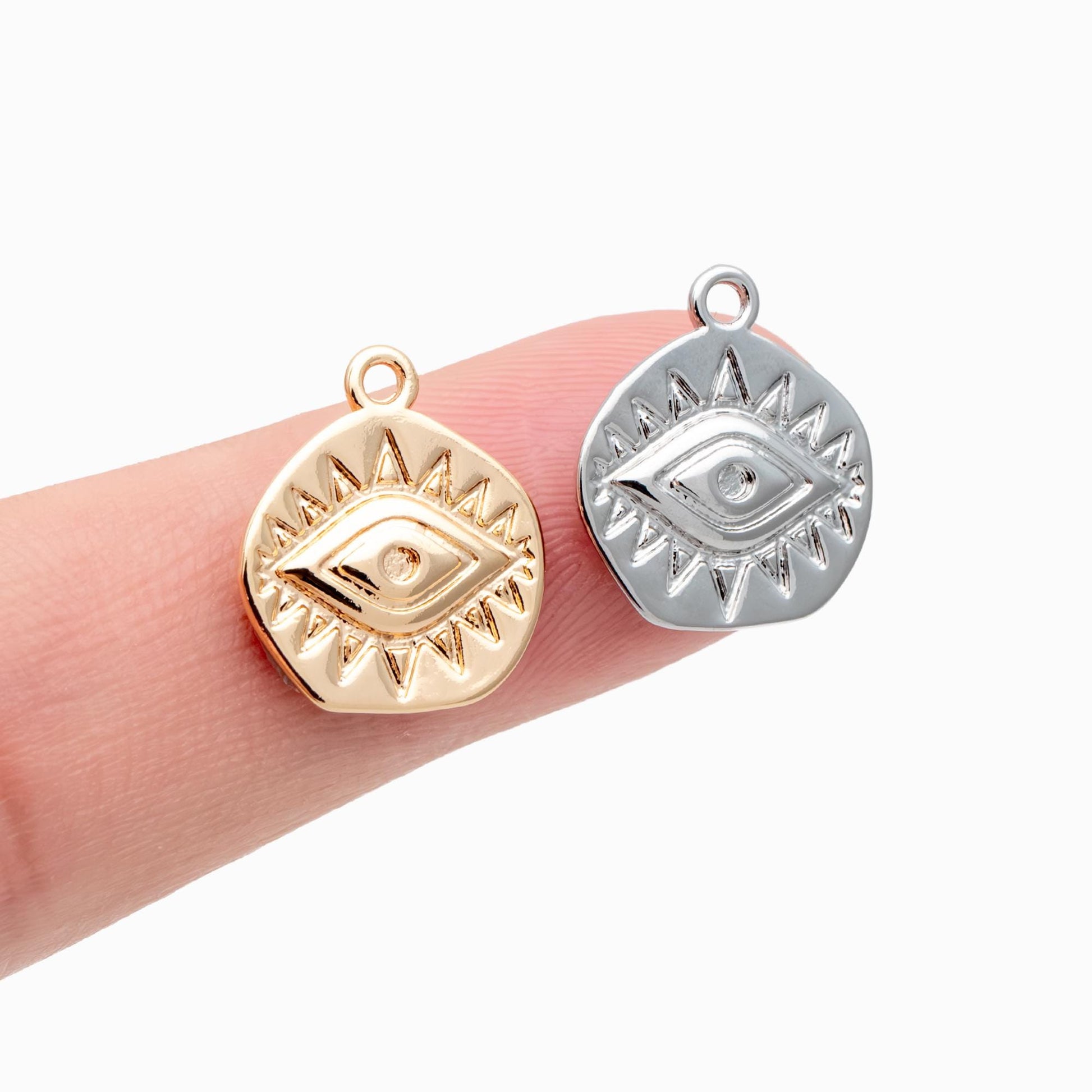 4pcs Gold/ Silver Textured Evil Eye Charms 15.5x13.5mm, 18K Gold/ Rhodium plated Brass, Evil Eye Pendants (GB-4085-B)