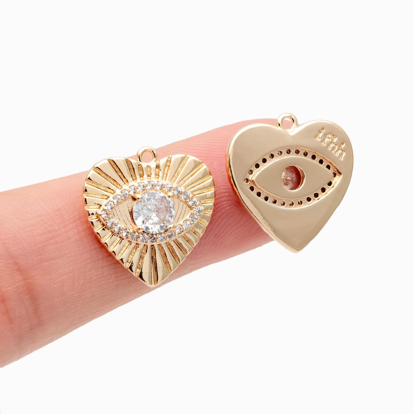 4pcs CZ paved Gold Heart Evil Eye Charm 16mm, Gold Plated Brass Heart Pendant (GB-4085-H)