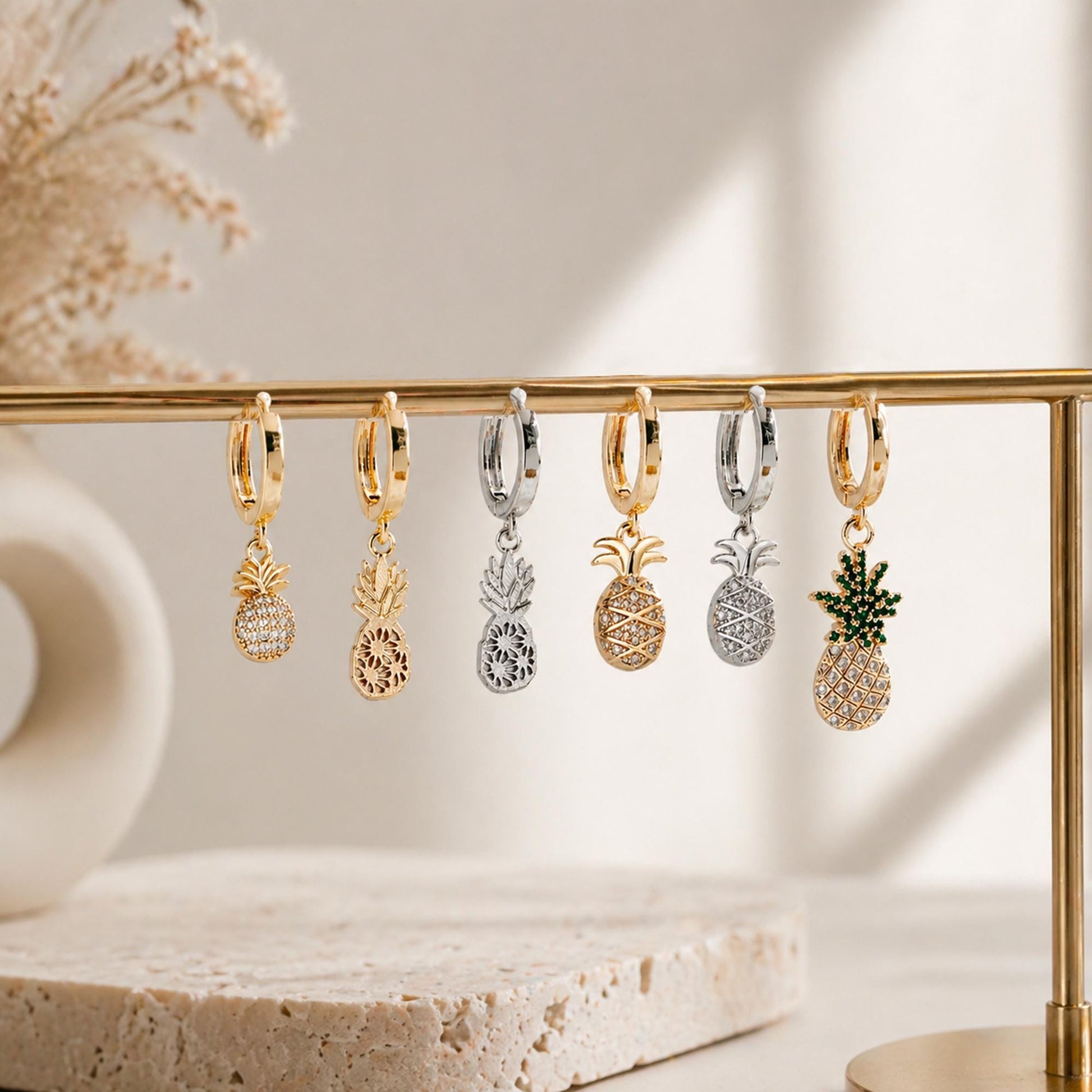 4pcs CZ pave Gold/ Silver Pineapple Charms 16x8mm, 18K Gold/ Rhodium plated Brass Pineapple Pendants (GB-4095-C)