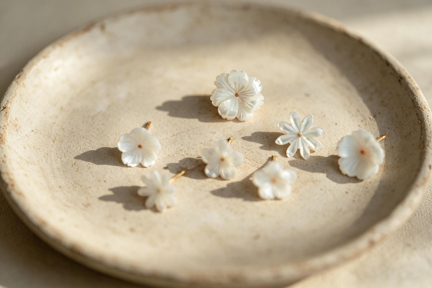 White Shell Flower Earrings, Minimalist Studs, Handmade Jewelry, Floral Earrings for Women (BK-036)