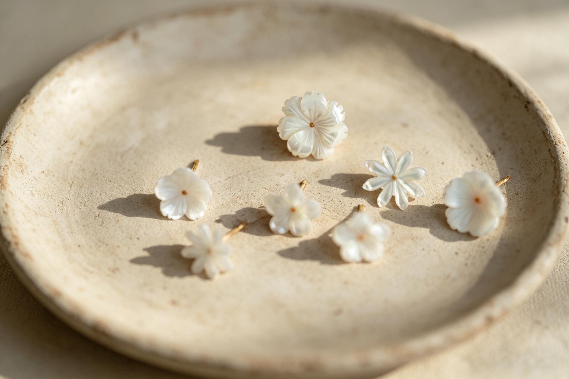 White Shell Flower Earrings, Minimalist Studs, Handmade Jewelry, Floral Earrings for Women (BK-036)