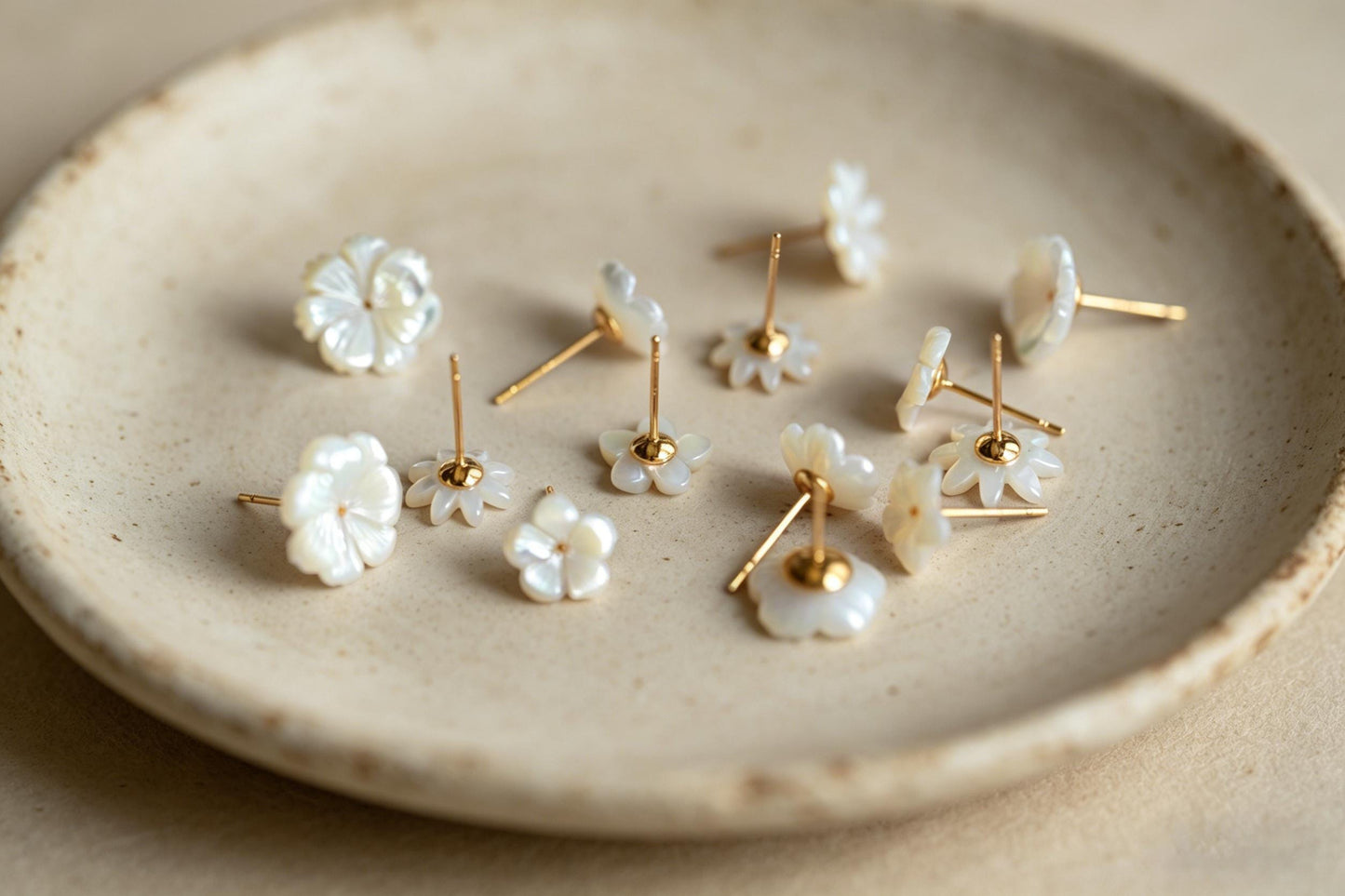 White Shell Flower Earrings, Minimalist Studs, Handmade Jewelry, Floral Earrings for Women (BK-036)
