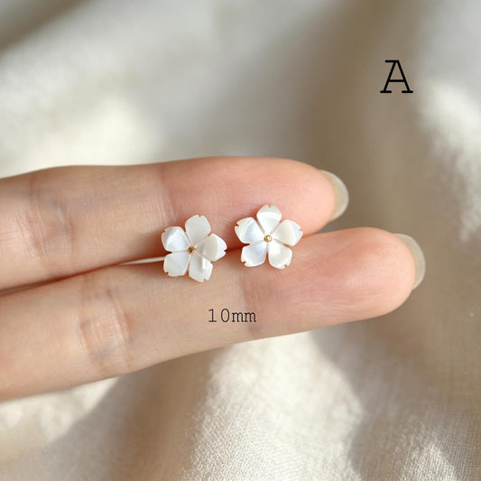 White Shell Flower Earrings, Minimalist Studs, Handmade Jewelry, Floral Earrings for Women (BK-036)