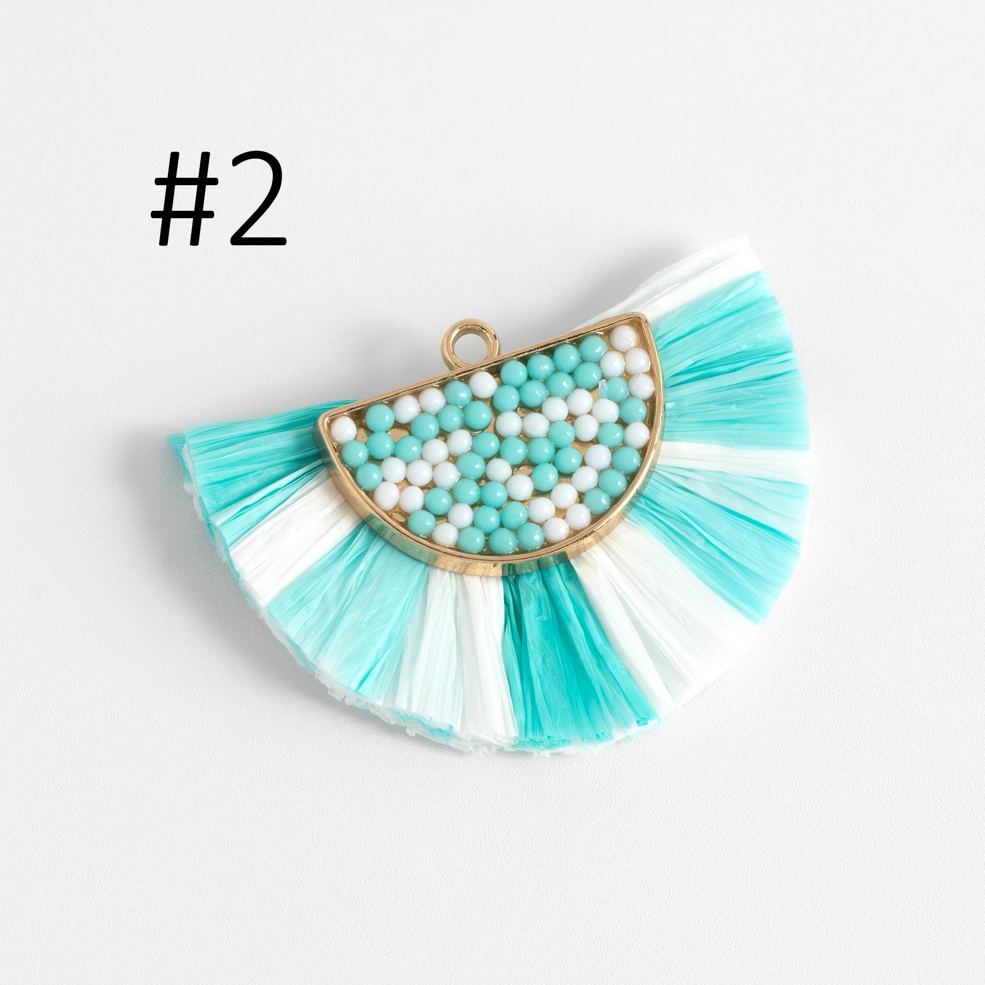 4pcs Fan Tassel Pendants 44x34mm, Beaded Raffia Tassel Charms for Earrings (FB-017)