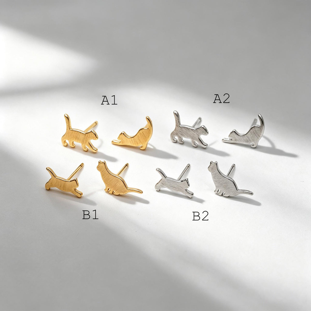 10pcs Cat Asymmetry Earrings, Gold/ Rhodium plated Brass, Pet Animal Stud Earrings (GB-4094)