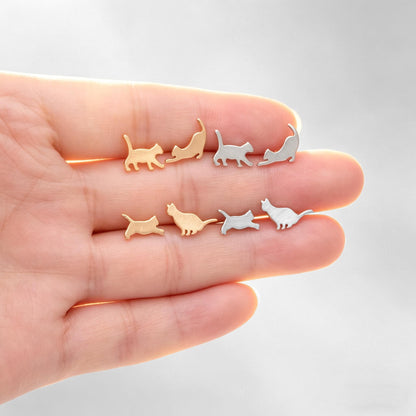 10pcs Cat Asymmetry Earrings, Gold/ Rhodium plated Brass, Pet Animal Stud Earrings (GB-4094)