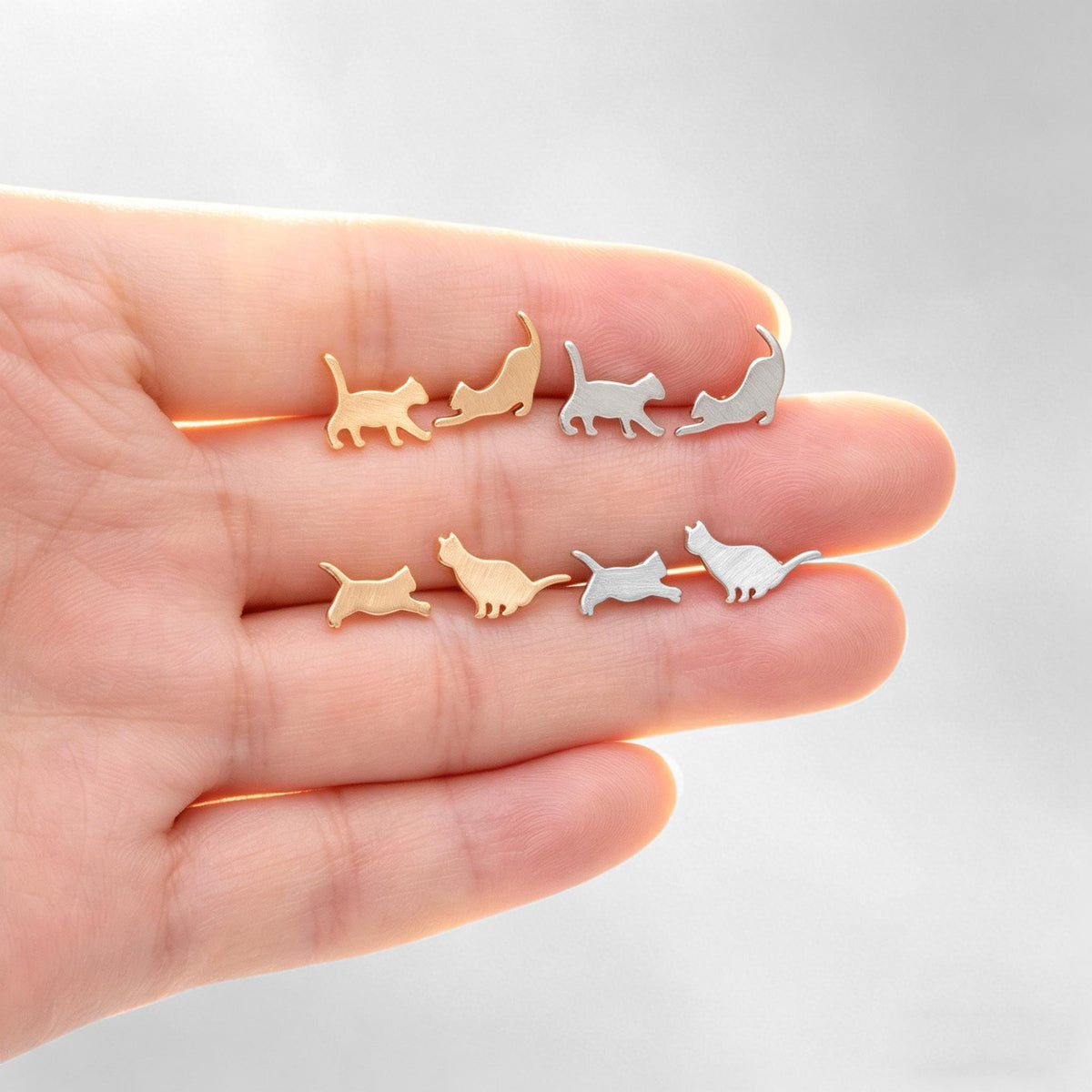 10pcs Cat Asymmetry Earrings, Gold/ Rhodium plated Brass, Pet Animal Stud Earrings (GB-4094)