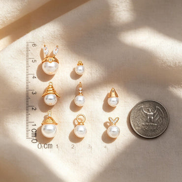 Glass Pearl Charms, 18K Gold plated Brass, Cup With Peg Pearl Bails (GB-4773)